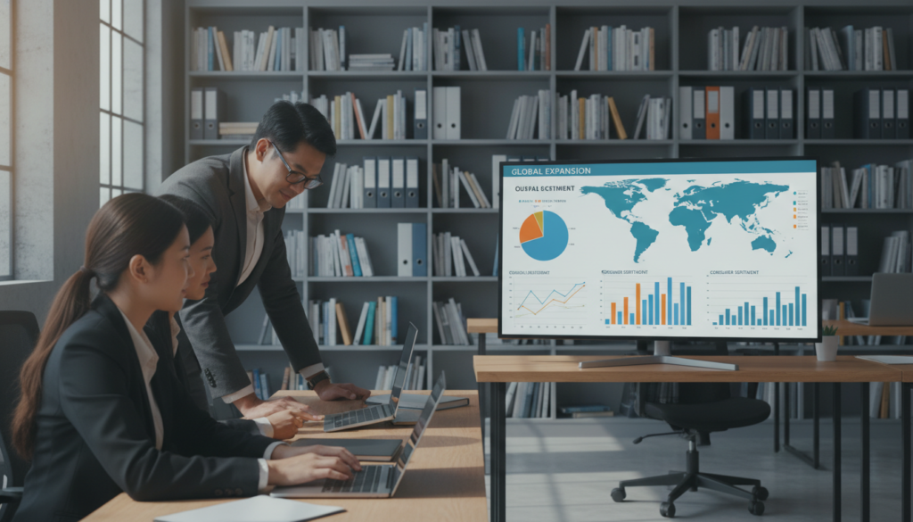 A photorealistic image depicting a modern workspace focused on market research insights. In the foreground, a diverse group of three professionals in business attire—two women and one man—analyze data on digital tablets and laptops, engaged in a collaborative discussion. The middle layer features a large screen displaying colorful graphs, charts, and maps, symbolizing market data trends. In the background, there are shelves filled with books and market research reports, providing a scholarly atmosphere. Natural light streams in through large windows, casting soft shadows and creating an inviting mood. The overall color palette consists of cool tones, evoking professionalism and focus, while maintaining a sense of optimism for remote market entry strategies.