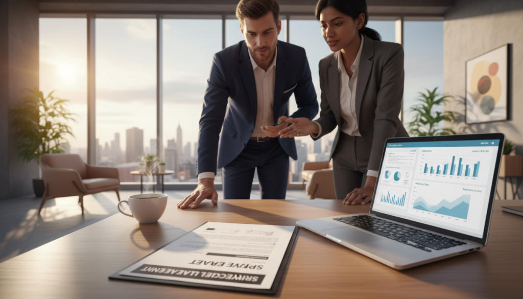 A photorealistic image depicting a professional business environment focused on a Service Level Agreement (SLA). In the foreground, a close-up of a well-organized desk with a detailed SLA document, a laptop open to a digital dashboard, and a cup of coffee. In the middle ground, two business professionals, one man and one woman, engaged in a discussion, both dressed in formal business attire, reviewing the SLA document. The background features a modern office space with large windows allowing natural light to illuminate the scene, casting soft shadows. The atmosphere is one of collaboration and trust, emphasizing a professional evaluation of service providers, with a warm color palette to convey a positive mood.