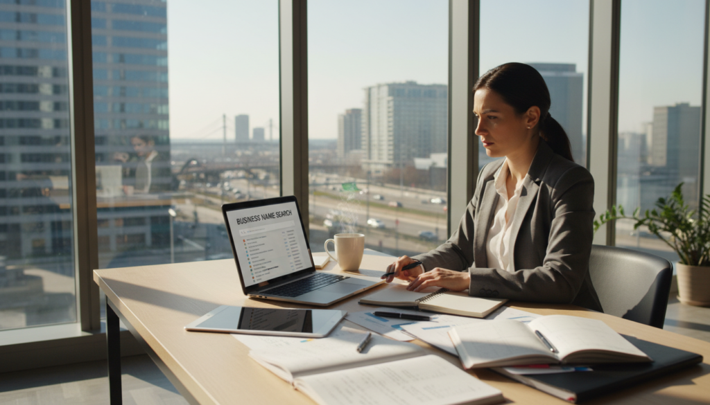 A photorealistic image depicting a professional businesswoman seated at a modern office desk, deeply focused on her laptop while conducting a business name search. In the foreground, the desk is cluttered with various documents, notebooks, and a digital tablet displaying search results. The middle ground features large windows allowing natural light to flood the space, casting gentle shadows and highlighting the sleek furnishings. In the background, a modern city skyline is visible, symbolizing a bustling business environment. The overall atmosphere is one of contemplation and diligence, underscoring the importance of a thorough search to ensure a unique business name. The businesswoman is dressed in smart professional attire, embodying professionalism and confidence.