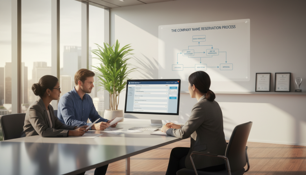 A photorealistic image featuring a modern office setting dedicated to company name reservation. In the foreground, a diverse group of three professionals, a South Asian woman, a Caucasian man, and a Chinese woman, all dressed in smart business attire, are reviewing documents at a conference table, intently discussing a computer screen displaying ACRA’s online platform. The middle ground showcases a large screen with a graphical representation of the company name reservation process. In the background, sleek office elements like a green indoor plant and framed awards create a professional atmosphere. Soft, natural light streams through floor-to-ceiling windows, casting warm shadows, and the scene is captured from a slightly elevated angle for depth. The mood is focused and collaborative, highlighting the importance of proper company name checks and registrations. A photorealistic image featuring a modern office setting dedicated to company name reservation. In the foreground, a diverse group of three professionals, a South Asian woman, a Caucasian man, and a Chinese woman, all dressed in smart business attire, are reviewing documents at a conference table, intently discussing a computer screen displaying ACRA’s online platform. The middle ground showcases a large screen with a graphical representation of the company name reservation process. In the background, sleek office elements like a green indoor plant and framed awards create a professional atmosphere. Soft, natural light streams through floor-to-ceiling windows, casting warm shadows, and the scene is captured from a slightly elevated angle for depth. The mood is focused and collaborative, highlighting the importance of proper company name checks and registrations.