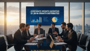 A photorealistic image illustrating a corporate income tax rebate cash grant scene. In the foreground, a diverse group of business professionals in professional attire are engaged in a discussion, examining documents and financial reports on a sleek modern table. In the middle, a large screen displays graphs and charts showcasing successful tax rebate statistics, subtly highlighted. The backdrop features a contemporary office environment with large windows revealing a city skyline bathed in warm, natural light, creating an optimistic atmosphere. Use a slightly elevated angle to capture the dynamics of collaboration, evoking a sense of opportunity and growth in the corporate world. The mood is focused and inspiring, emphasizing the positive impact of tax relief schemes on businesses.