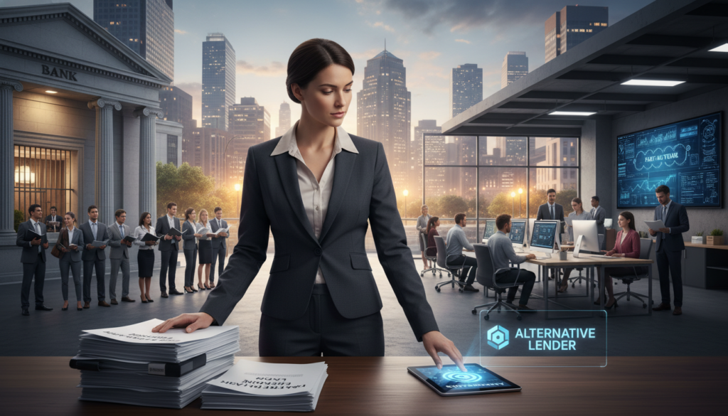 A photorealistic image illustrating the comparison between bank loans and alternative lenders in an urban business setting. In the foreground, a professional businesswoman in formal attire stands confidently at a desk covered with loan documents and a laptop, looking contemplative. The middle ground features a split scene: one side shows a traditional bank with customers in line, and the other side depicts a fintech office bustling with activity, showcasing innovation and technology. In the background, a city skyline at dusk adds depth, illuminated by soft, ambient lights to create a welcoming atmosphere. The overall mood is dynamic and insightful, emphasizing the trade-offs of speed and flexibility in obtaining loans. Use natural lighting to highlight the details and expressions on the characters' faces.