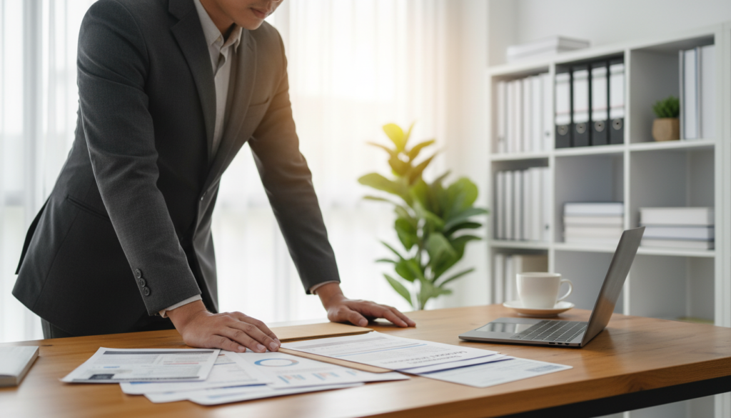 A photorealistic image of a business loan application scene in a well-lit modern office. In the foreground, a polished wooden desk holds a neatly organized stack of documents, including a business loan application form, financial statements, and identification papers. A professional-looking individual in a tailored suit, focused on reviewing the documents, sits at the desk, surrounded by a laptop and a cup of coffee. The middle ground features a large window letting in natural sunlight, highlighting a green potted plant, adding a touch of life to the environment. In the background, blurred office shelves filled with books and financial reports create a sophisticated atmosphere, evoking professionalism and success. The overall mood conveys a sense of diligence, formality, and the importance of thorough preparation in the business loan process.