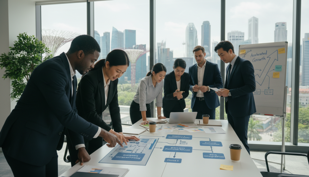 A photorealistic image of a diverse group of professionals collaborating on a digital implementation roadmap for rapid scaling. In the foreground, a confident man and woman in professional business attire point at a dynamic flowchart displayed on a sleek tablet, with diagrams showing milestones and strategic expansion paths. In the middle, a modern office setting with large windows overlooking Singapore's skyline, featuring iconic skyscrapers and greenery, bathed in bright, natural sunlight. The background includes a whiteboard filled with notes and graphs, representing teamwork and brainstorming. The atmosphere conveys urgency and innovation, highlighting the excitement of global expansion. Use a wide-angle lens to capture the teamwork, emphasizing clarity and brightness throughout.