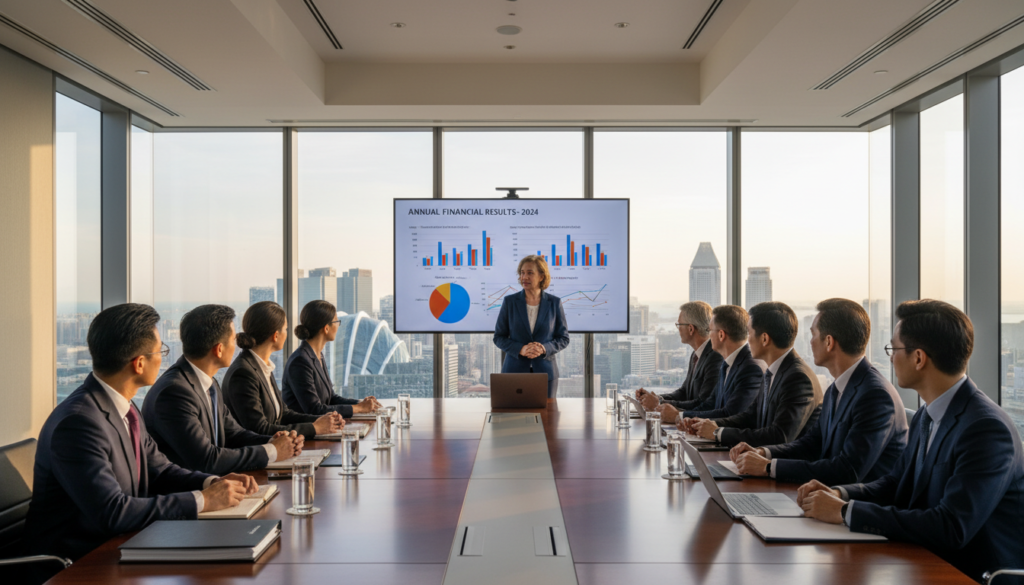 A photorealistic image of a formal annual general meeting in a modern conference room. In the foreground, a diverse group of professionals dressed in business attire is seated around a sleek oval table, attentively listening to a speaker at the head of the table. The middle ground features presentation materials and laptops open, with financial charts visible on a large screen behind the speaker. The background displays floor-to-ceiling windows showcasing the Singapore skyline, bathing the room in natural light. The mood is focused and collaborative, with an atmosphere of professionalism and engagement. The composition captures the essence of corporate compliance discussions, framed with a sharp focus on details like the attendees' expressions and the background's architecture. A photorealistic image of a formal annual general meeting in a modern conference room. In the foreground, a diverse group of professionals dressed in business attire is seated around a sleek oval table, attentively listening to a speaker at the head of the table. The middle ground features presentation materials and laptops open, with financial charts visible on a large screen behind the speaker. The background displays floor-to-ceiling windows showcasing the Singapore skyline, bathing the room in natural light. The mood is focused and collaborative, with an atmosphere of professionalism and engagement. The composition captures the essence of corporate compliance discussions, framed with a sharp focus on details like the attendees' expressions and the background's architecture.
