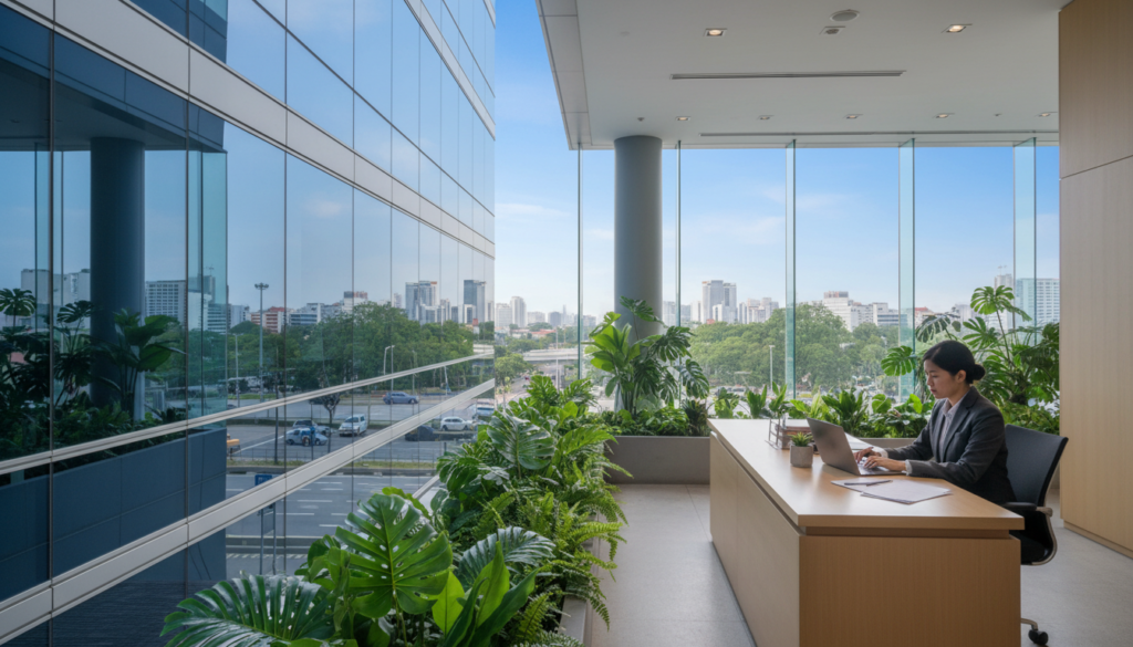 A photorealistic image of a modern and stylish registered business address in Singapore's Jurong district. In the foreground, display a sleek office building with glass facades reflecting the city skyline. To the right, a professional individual in business attire is reviewing documents on a laptop at a tidy reception area, emphasizing professionalism. In the middle ground, lush greenery and ornamental plants enhance the environment, creating a welcoming atmosphere. In the background, a clear blue sky and soft sunlight illuminate the scene, ensuring a bright and optimistic mood. Capture the essence of innovation and compliance in a bustling business hub, with minimal urban traffic visible through the building’s large windows. A photorealistic image of a modern and stylish registered business address in Singapore's Jurong district. In the foreground, display a sleek office building with glass facades reflecting the city skyline. To the right, a professional individual in business attire is reviewing documents on a laptop at a tidy reception area, emphasizing professionalism. In the middle ground, lush greenery and ornamental plants enhance the environment, creating a welcoming atmosphere. In the background, a clear blue sky and soft sunlight illuminate the scene, ensuring a bright and optimistic mood. Capture the essence of innovation and compliance in a bustling business hub, with minimal urban traffic visible through the building’s large windows.