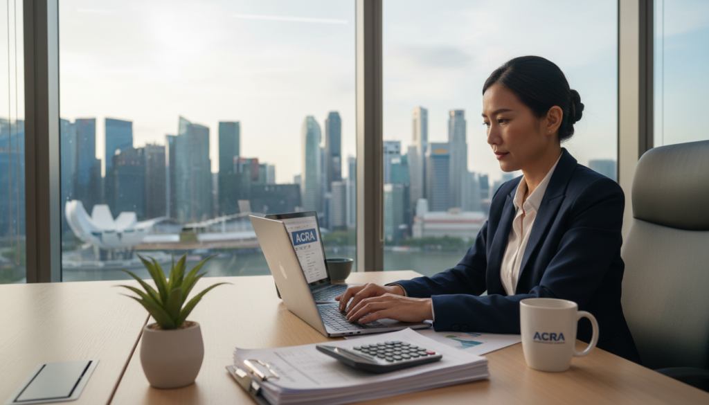 A photorealistic image of a professional business person sitting at a desk in a modern office environment, focused on their laptop as they carefully review and file the annual return with ACRA. In the foreground, a neatly organized desk is adorned with financial documents, a calculator, and a plant, emphasizing a theme of diligence and attention to detail. In the middle ground, the business person is dressed in smart professional attire, exuding confidence and concentration. The background features a panoramic view of Singapore’s skyline through large windows, adding an aspirational touch. Soft, natural lighting filters in, creating a bright and inviting atmosphere, while a shallow depth of field keeps the focus on the individual and the task at hand.