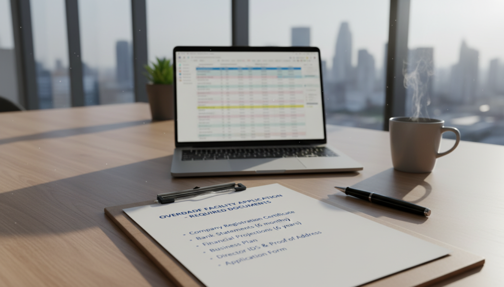 A photorealistic image of a professional desk setting, featuring a neatly arranged documents checklist for an overdraft facility application. In the foreground, focus on a wooden desk with a clipboard displaying a checklist, with bullet points clearly indicating required documents like "Company Registration Certificate", "Bank Statements", and "Financial Projections." In the middle ground, include a laptop opened to a spreadsheet, alongside a pen and a coffee mug. The background features a soft-focus of a modern office with large windows letting in natural light, casting gentle shadows on the desk. The overall mood should be organized and efficient, conveying a sense of professionalism and readiness for business.
