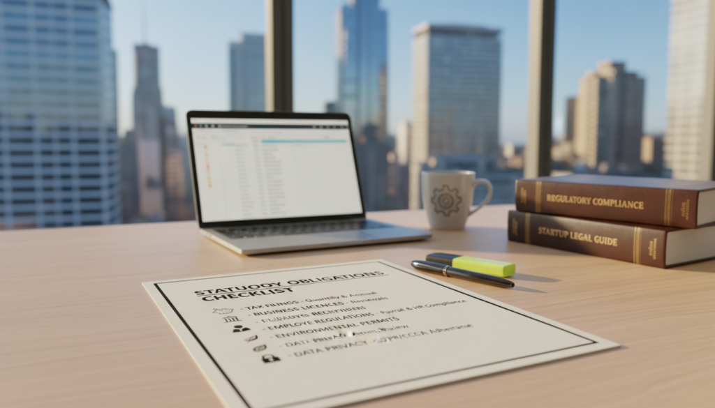 A photorealistic image of a "statutory obligations checklist" on a wooden desk in a modern office setting. In the foreground, a neatly organized checklist lies prominently, featuring various bullet points and icons representing different compliance requirements such as tax filings, business licenses, and employee regulations. In the middle ground, there are office items like a laptop, a coffee mug, and a few legal books, signifying a professional workspace. The background shows a blurred view of a city skyline through large office windows, with soft, natural sunlight pouring in, creating a warm and focused atmosphere. The scene is thoughtfully arranged to evoke a sense of diligence and responsibility, perfect for illustrating ongoing regulatory compliance for startups. A photorealistic image of a "statutory obligations checklist" on a wooden desk in a modern office setting. In the foreground, a neatly organized checklist lies prominently, featuring various bullet points and icons representing different compliance requirements such as tax filings, business licenses, and employee regulations. In the middle ground, there are office items like a laptop, a coffee mug, and a few legal books, signifying a professional workspace. The background shows a blurred view of a city skyline through large office windows, with soft, natural sunlight pouring in, creating a warm and focused atmosphere. The scene is thoughtfully arranged to evoke a sense of diligence and responsibility, perfect for illustrating ongoing regulatory compliance for startups.