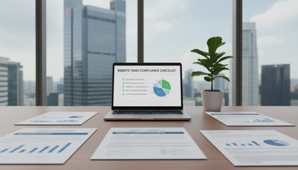 A photorealistic image of a wooden desk in a modern office setting, with neatly arranged contracts and legal documents spread out prominently in the foreground. The contracts have a clean, professional look, showcasing graphs and charts subtly in the design. In the middle ground, a laptop displays a digital compliance checklist, while a potted plant adds a touch of greenery. In the background, a large window lets in natural light, illuminating the workspace and highlighting the sleek architecture of an urban Singapore skyline. The mood is professional and focused, perfect for illustrating the importance of building a compliance foundation for remote teams. The scene is devoid of any human presence, ensuring a clean and distraction-free composition.