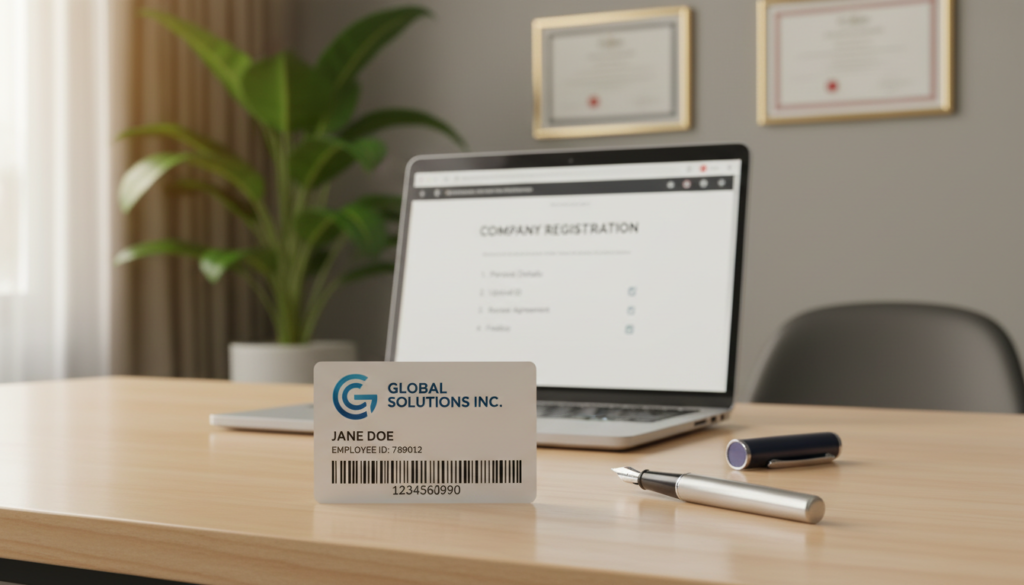 A photorealistic image of a work pass card sitting on a modern wooden desk, with an elegant pen positioned nearby. The work pass features a corporate logo, a name, and a barcode, all clearly visible. In the middle ground, there’s a laptop partially open displaying a company registration webpage and a checklist. In the background, soft-focus office elements like a potted plant and framed certificates create a professional atmosphere. The lighting is warm and inviting, highlighting the textures of the desk and the pass. The composition conveys a sense of readiness and professionalism, ideal for a workspace setting, emphasizing the theme of recruitment and incorporation. A photorealistic image of a work pass card sitting on a modern wooden desk, with an elegant pen positioned nearby. The work pass features a corporate logo, a name, and a barcode, all clearly visible. In the middle ground, there’s a laptop partially open displaying a company registration webpage and a checklist. In the background, soft-focus office elements like a potted plant and framed certificates create a professional atmosphere. The lighting is warm and inviting, highlighting the textures of the desk and the pass. The composition conveys a sense of readiness and professionalism, ideal for a workspace setting, emphasizing the theme of recruitment and incorporation.