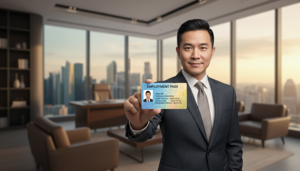 A photorealistic image of an employment pass card prominently displayed in the foreground, showcasing its design details like the holographic features, identification photograph, and essential text elements, all emanating professionalism. In the middle ground, depict a well-dressed Asian businessman in smart business attire, holding the card with a confident expression, symbolizing his role as a company founder or director in Singapore. The background features a blurred view of an office environment with soft lighting, sleek furniture, and Singapore's skyline visible through a window, creating a sense of ambition and opportunity. The overall atmosphere should evoke a mood of professionalism and success in a corporate setting. A photorealistic image of an employment pass card prominently displayed in the foreground, showcasing its design details like the holographic features, identification photograph, and essential text elements, all emanating professionalism. In the middle ground, depict a well-dressed Asian businessman in smart business attire, holding the card with a confident expression, symbolizing his role as a company founder or director in Singapore. The background features a blurred view of an office environment with soft lighting, sleek furniture, and Singapore's skyline visible through a window, creating a sense of ambition and opportunity. The overall atmosphere should evoke a mood of professionalism and success in a corporate setting.