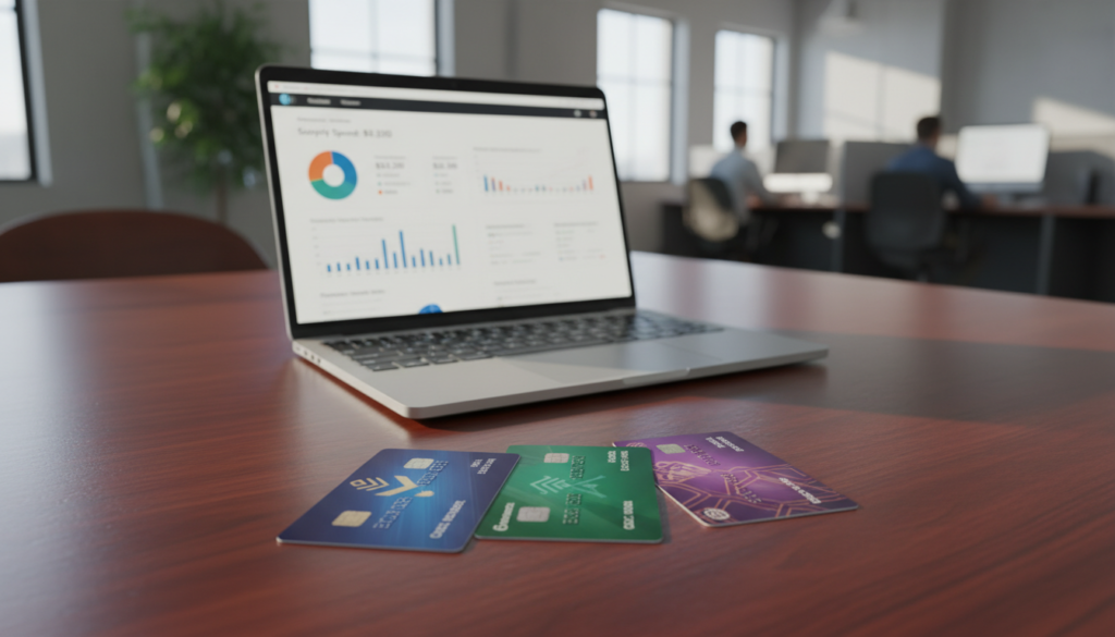 A photorealistic image showcasing a collection of sleek corporate credit cards on a polished wooden desk. In the foreground, the cards should display various colorful designs, subtly suggesting premium features tailored for SMEs. The middle ground can feature a laptop open with a financial dashboard visible, emphasizing spend control features. In the background, a blurred modern office space can be seen, hinting at a professional atmosphere. Soft, natural lighting flows in from a nearby window, casting gentle shadows that enhance the sophistication of the scene. Capture a mood of efficiency and professionalism, ideal for business owners evaluating banking solutions.