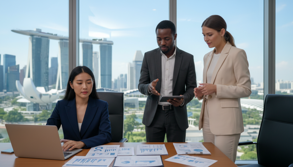 A photorealistic image showcasing a diverse group of professionals in a modern office environment, all dressed in smart business attire. In the foreground, a confident Asian woman, focused on reviewing tax documents on a sleek laptop, surrounded by financial reports and charts. In the middle ground, a thoughtful African male entrepreneur discusses tax incentives with a Caucasian female colleague, gesturing towards a digital tablet displaying a graph of tax benefits. The background features a large window with a view of Singapore's skyline, bright natural light flooding the space. The mood is collaborative and optimistic, emphasizing the importance of tax expertise for foreign-owned startups in Singapore. The composition captures a sense of professionalism and opportunity within a dynamic business setting.