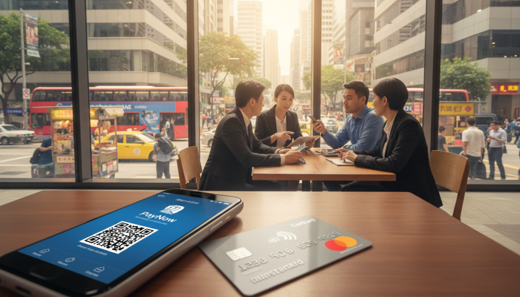 A photorealistic image showcasing a variety of digital payment methods popular in Singapore. In the foreground, a sleek smartphone displaying a well-known mobile payment app. Next to it, a contactless credit card and a digital wallet icon. In the middle ground, a diverse group of professionals, including a male and female in business attire, discuss payment solutions at a modern café table, with laptops and tablets open, analyzing data. The background features a busy urban setting with office buildings and people engaging in commerce, emphasizing the dynamic nature of digital payments. Natural daylight floods the scene, creating a vibrant and professional atmosphere, captured from a slightly elevated angle to include both the individuals and the cityscape.