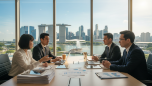 A photorealistic image showcasing the essence of authority in Singapore's regulatory landscape. In the foreground, a diverse group of professionals in business attire, including a Singaporean woman and a South Asian man, are engaged in a serious discussion around a sleek conference table covered with documents and digital devices. The middle layer reveals a modern office environment with large windows displaying the iconic skyline of Singapore, including the Marina Bay Sands and the Merlion in the background. Bright, natural light floods the room, creating a clear and focused atmosphere. The mood conveys professionalism, diligence, and collaboration, reflecting the importance of KYC regulations governed by the MAS and ACRA within a robust compliance framework.