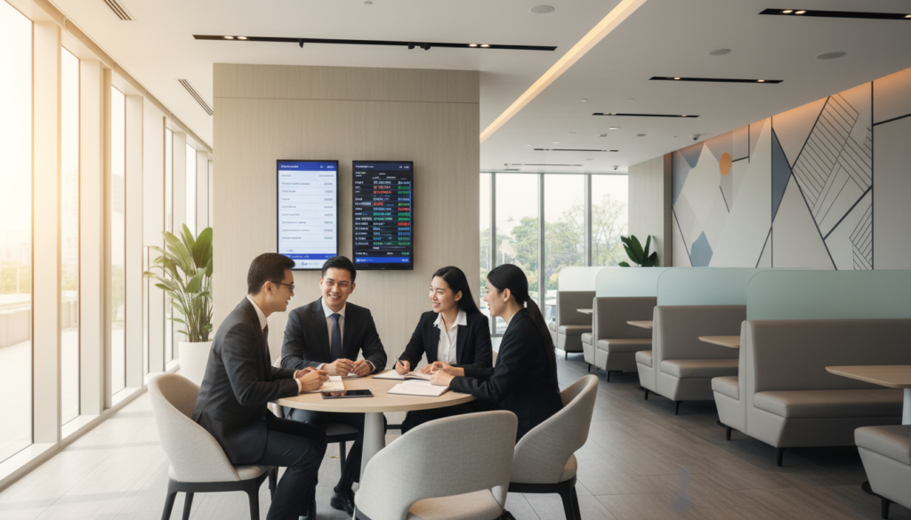 A photorealistic interior of a modern bank branch in Singapore, focusing on a welcoming customer service area. In the foreground, a friendly bank representative in professional attire assists a diverse group of small business owners, all engaged in discussion over financial solutions. In the middle ground, sleek digital screens display financial data and regional banking options, while comfortable seating areas are arranged for private consultations. The background features trendy decor with greenery, soft lighting, and contemporary design elements that evoke a sense of innovation and support. Bright, natural light streams in through large windows, creating an inviting and professional atmosphere ideal for startups exploring banking options beyond traditional institutions.