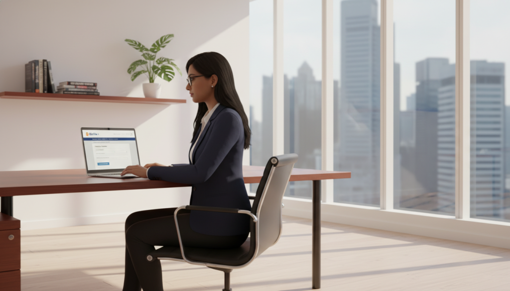A photorealistic office environment illustrating the process of registering a business name. In the foreground, a multicultural professional in smart business attire is seated at an elegant desk, focusing on a sleek laptop displaying a BizFile+ webpage. The middle ground features a modern office with large windows allowing bright natural light to stream in, casting soft shadows. A wall-mounted shelf displays neatly arranged business books and a potted plant. In the background, a cityscape is visible through the windows, with slightly blurred skyscrapers emphasizing a bustling atmosphere. The overall mood conveys professionalism and clarity, with a warm color palette enhancing the inviting ambiance.
