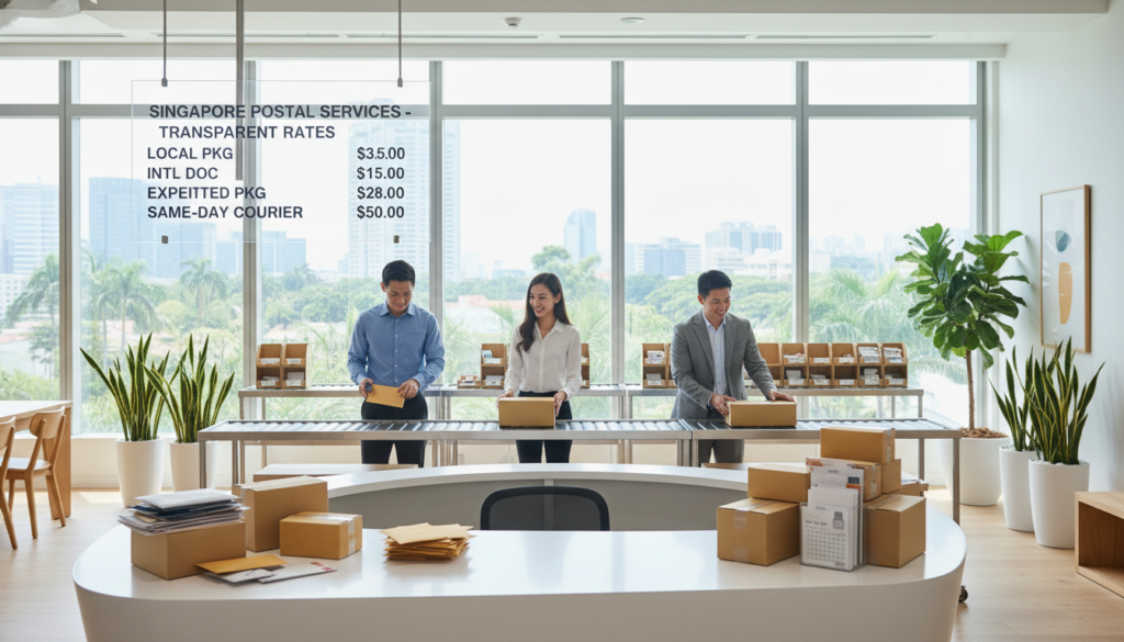 A photorealistic office environment showcasing a modern mail handling area. In the foreground, a sleek reception desk with organized packages and transparent rates displayed on a digital screen. In the middle, professionals in business attire are efficiently sorting and processing mail and packages, reflecting a sense of teamwork and organization. The background features large windows allowing natural light to pour in, illuminating the space and highlighting contemporary office decor with potted plants and minimalist furniture. The atmosphere is bright and professional, with a focus on clarity and efficiency in a bustling virtual office in Singapore, capturing the essence of transparent charges and packages. A photorealistic office environment showcasing a modern mail handling area. In the foreground, a sleek reception desk with organized packages and transparent rates displayed on a digital screen. In the middle, professionals in business attire are efficiently sorting and processing mail and packages, reflecting a sense of teamwork and organization. The background features large windows allowing natural light to pour in, illuminating the space and highlighting contemporary office decor with potted plants and minimalist furniture. The atmosphere is bright and professional, with a focus on clarity and efficiency in a bustling virtual office in Singapore, capturing the essence of transparent charges and packages.