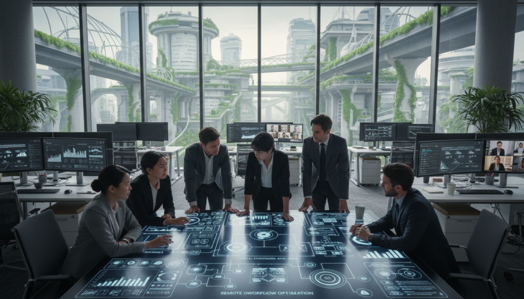 A photorealistic office environment showcasing digital transformation in remote operations. In the foreground, a diverse group of professionals in smart business attire collaborates around a high-tech touchscreen table displaying data analytics and workflow charts. The middle ground features modern workstations with multiple monitors, displaying automation tools and cloud management software. The background includes large windows with a futuristic cityscape of Singapore, reflecting innovation and progress. Soft, natural lighting floods the space, highlighting the team’s focused expressions and the advanced technology. The overall mood is dynamic and inspiring, emphasizing efficiency, connectivity, and the streamlined processes of a transformed digital workspace.