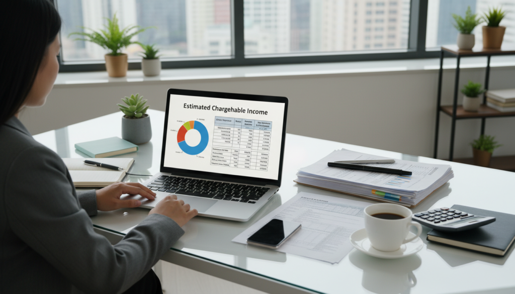 A photorealistic office environment with a professional atmosphere, featuring a woman in business attire sitting at a sleek desk. In the foreground, a laptop displays a colorful pie chart and numerical data labeled "Estimated Chargeable Income," suggesting financial analysis. In the middle ground, a neatly organized workspace includes documents, a calculator, and a cup of coffee, all meticulously arranged. In the background, large windows allow soft natural light to illuminate the scene, creating a warm yet professional ambiance. The workspace is adorned with potted plants, enhancing the inviting and productive mood, suitable for corporate finance discussions. The angle captures the desk and documents from a slight overhead perspective, emphasizing organization and focus on the task of filing estimated taxes.