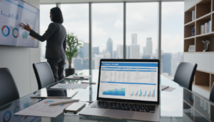 A photorealistic office scene featuring a professional businesswoman in formal attire, standing at a sleek glass conference table covered with documents and digital devices displaying charts and graphs. In the foreground, focus on an open laptop showing a spreadsheet titled "Company Details" with financial data and graphs. In the middle ground, there’s a blurred view of a modern office with large windows letting in natural light, showcasing a vibrant cityscape of Singapore. The background includes potted plants and minimalist decor, portraying a sense of professionalism and order. The mood is focused and collaborative, ideal for ongoing compliance and monitoring in a corporate environment.