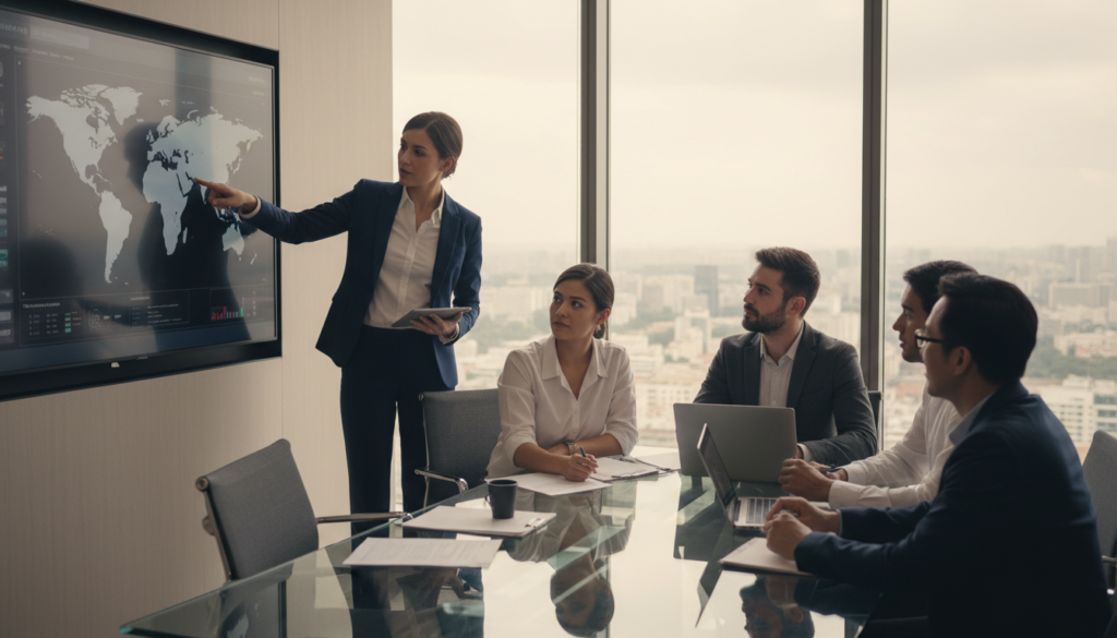 A photorealistic representation of a diverse team of professionals in a modern office environment, discussing work passes and mobility planning. In the foreground, a confident woman in a tailored navy suit stands, pointing at a world map displayed on a large screen. Beside her, a man in a smart casual outfit takes notes on a digital tablet. The middle ground features a glass conference table surrounded by team members engaged in conversation, displaying documents and laptops. The background reveals a panoramic view of Singapore’s skyline through large windows, with soft natural lighting casting a warm glow. The atmosphere is focused and collaborative, highlighting the importance of strategic planning for international mobility.