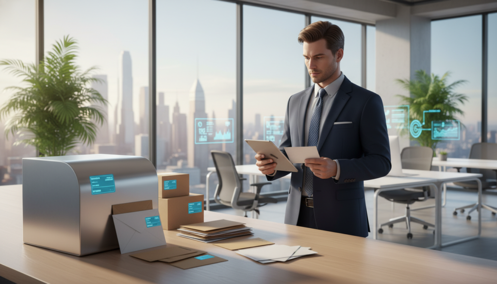A photorealistic scene depicting a modern mail collection area in a virtual office setting. In the foreground, a well-organized mail collection box, sleek and metallic, sits prominently with various letters and packages neatly arranged around it. In the middle ground, a professional-looking individual in business attire reviews mail with a thoughtful expression, embodying a sense of efficiency and organization. The background features large windows allowing natural light to flood the space, highlighting a contemporary office environment filled with greenery and sleek furniture. Soft shadows create a calm atmosphere, reflecting diligence and reliability in mail collection procedures. The overall mood is professional and inviting, suitable for a modern workplace. A photorealistic scene depicting a modern mail collection area in a virtual office setting. In the foreground, a well-organized mail collection box, sleek and metallic, sits prominently with various letters and packages neatly arranged around it. In the middle ground, a professional-looking individual in business attire reviews mail with a thoughtful expression, embodying a sense of efficiency and organization. The background features large windows allowing natural light to flood the space, highlighting a contemporary office environment filled with greenery and sleek furniture. Soft shadows create a calm atmosphere, reflecting diligence and reliability in mail collection procedures. The overall mood is professional and inviting, suitable for a modern workplace.
