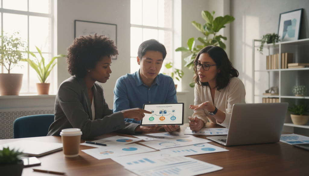 A photorealistic scene depicting an e-commerce business strategy meeting. In the foreground, a diverse group of three professionals, dressed in smart business attire, are engaged in discussion, analyzing a variety of e-commerce models displayed on a sleek digital tablet. The middle ground features an elegant conference table cluttered with data sheets, graphs, and a laptop showcasing market research. The background is a modern office space, with large windows letting in natural light, plants, and minimalistic decor reflecting a professional yet inviting atmosphere. The mood is focused and collaborative, highlighting the significance of choosing the right e-commerce business model and target market. The image should have soft, diffused lighting to create a warm, productive workspace ambiance. A photorealistic scene depicting an e-commerce business strategy meeting. In the foreground, a diverse group of three professionals, dressed in smart business attire, are engaged in discussion, analyzing a variety of e-commerce models displayed on a sleek digital tablet. The middle ground features an elegant conference table cluttered with data sheets, graphs, and a laptop showcasing market research. The background is a modern office space, with large windows letting in natural light, plants, and minimalistic decor reflecting a professional yet inviting atmosphere. The mood is focused and collaborative, highlighting the significance of choosing the right e-commerce business model and target market. The image should have soft, diffused lighting to create a warm, productive workspace ambiance.