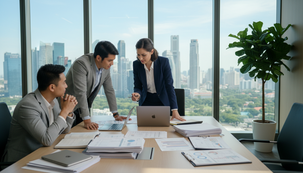 A photorealistic scene of a professional office setting focused on audit support accounting. In the foreground, a diverse group of three business professionals—two men and one woman—are engaged in discussion around a sleek conference table covered with financial documents, spreadsheets, and a laptop. The woman, dressed in a smart blazer, gestures towards the screen, explaining key points. In the middle ground, large windows allow natural light to flood the room, casting subtle shadows, while a green indoor plant adds life to the space. The background features a contemporary cityscape of Singapore visible through the glass, creating a dynamic contrast of business and urban elegance. The overall mood is collaborative, focused, and professional, emphasizing trust and support in financial auditing. A photorealistic scene of a professional office setting focused on audit support accounting. In the foreground, a diverse group of three business professionals—two men and one woman—are engaged in discussion around a sleek conference table covered with financial documents, spreadsheets, and a laptop. The woman, dressed in a smart blazer, gestures towards the screen, explaining key points. In the middle ground, large windows allow natural light to flood the room, casting subtle shadows, while a green indoor plant adds life to the space. The background features a contemporary cityscape of Singapore visible through the glass, creating a dynamic contrast of business and urban elegance. The overall mood is collaborative, focused, and professional, emphasizing trust and support in financial auditing.