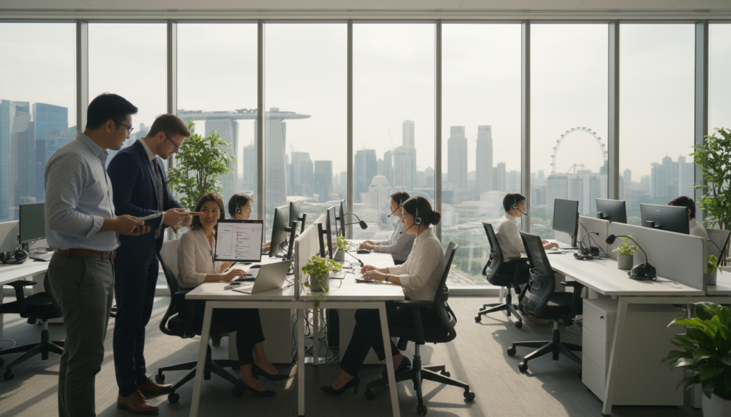A photorealistic scene of a remote customer support business in Singapore, showcasing a modern office environment. In the foreground, a diverse group of professionals in smart business attire are engaged in discussions, with a laptop displaying customer support software open in front of them. The middle section features sleek desks with headsets and microphones, emphasizing a collaborative work atmosphere. The background reveals large windows overlooking the iconic Singapore skyline, allowing natural light to flood the room, creating a bright and optimistic mood. The scene captures an essence of professionalism and efficiency, highlighting the innovative delivery models of remote support services in a dynamic business setting.