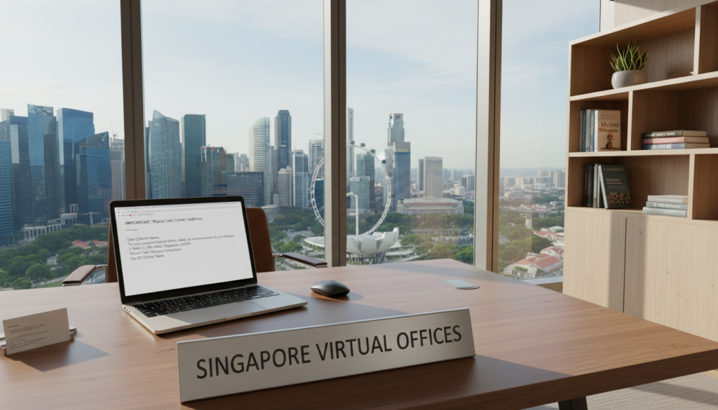 A photorealistic scene showcasing a professional workspace at a virtual office in Singapore. In the foreground, there is a sleek, modern wooden desk with a strategically placed company name plaque, elegantly engraved. On the desk, a laptop displays an open email, symbolizing communication and efficiency. The middle ground features a large window revealing a panoramic view of Singapore’s skyline, with iconic skyscrapers and greenery. Soft, natural lighting filters through the window, casting gentle shadows, creating a warm and inviting atmosphere. The background includes a minimalist bookshelf filled with business books and a small plant, adding a touch of life. The overall mood is focused and professional, emphasizing the importance of using the company's address correctly for mail. A photorealistic scene showcasing a professional workspace at a virtual office in Singapore. In the foreground, there is a sleek, modern wooden desk with a strategically placed company name plaque, elegantly engraved. On the desk, a laptop displays an open email, symbolizing communication and efficiency. The middle ground features a large window revealing a panoramic view of Singapore’s skyline, with iconic skyscrapers and greenery. Soft, natural lighting filters through the window, casting gentle shadows, creating a warm and inviting atmosphere. The background includes a minimalist bookshelf filled with business books and a small plant, adding a touch of life. The overall mood is focused and professional, emphasizing the importance of using the company's address correctly for mail.