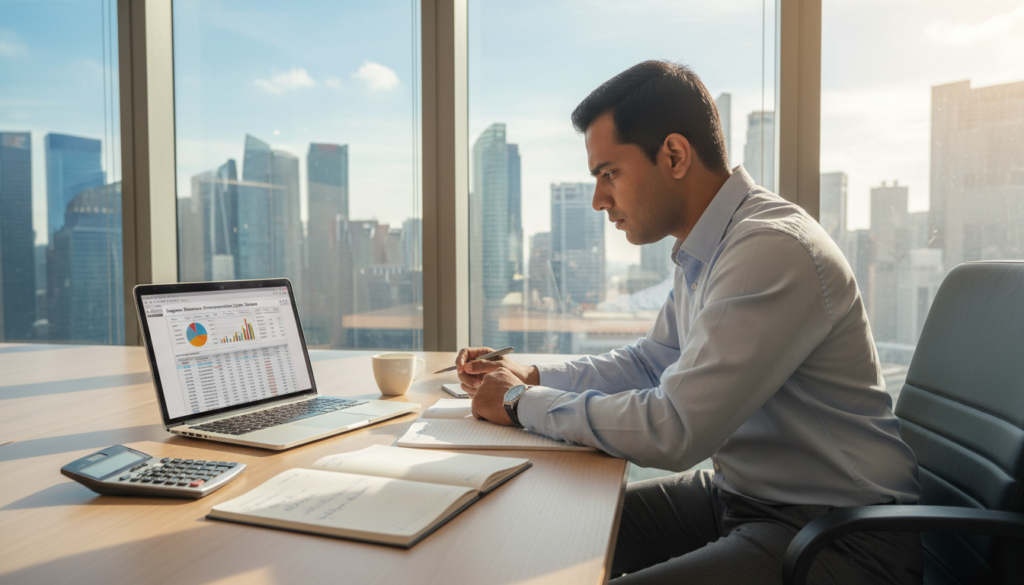 A photorealistic scene showcasing company costs in the context of remote incorporation in Singapore. In the foreground, a modern office desk with a sleek laptop displaying financial spreadsheets and graphs related to incorporation fees, surrounded by notepads, a calculator, and a coffee cup. In the middle ground, a professional businessperson in formal attire (shirt and trousers) is intently analyzing the documents, a focused expression on their face. The background features a contemporary office environment with large windows showing a skyline of Singapore. Soft, natural light filters in, creating an inviting atmosphere, emphasizing a sense of professionalism and analysis. The camera angle is slightly above eye level, capturing both the desk and the city view, with a shallow depth of field to draw attention to the foreground elements. A photorealistic scene showcasing company costs in the context of remote incorporation in Singapore. In the foreground, a modern office desk with a sleek laptop displaying financial spreadsheets and graphs related to incorporation fees, surrounded by notepads, a calculator, and a coffee cup. In the middle ground, a professional businessperson in formal attire (shirt and trousers) is intently analyzing the documents, a focused expression on their face. The background features a contemporary office environment with large windows showing a skyline of Singapore. Soft, natural light filters in, creating an inviting atmosphere, emphasizing a sense of professionalism and analysis. The camera angle is slightly above eye level, capturing both the desk and the city view, with a shallow depth of field to draw attention to the foreground elements.
