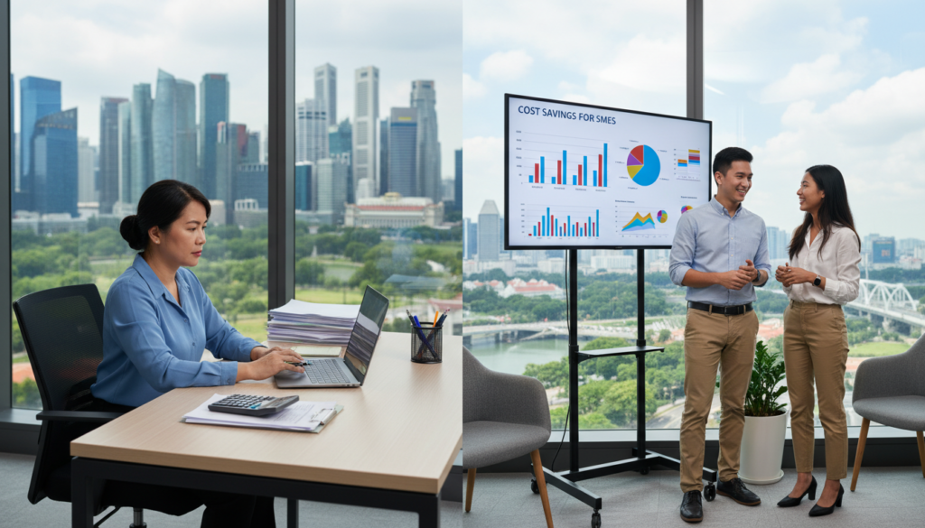 A photorealistic split-image scene illustrating a cost comparison between in-house accountants and outsourcing services for SMEs in Singapore. In the foreground, on the left, a focused in-house accountant, a middle-aged woman in professional attire, reviewing financial documents at a modern office desk, showcasing a tidy workspace with a calculator and laptop. On the right, a friendly team of diverse outsourcing consultants, a man and a woman in smart casual clothing, engaged in discussion around a large screen displaying graphs and analysis. The background depicts a vibrant Singapore cityscape with buildings and greenery, creating an atmosphere of professionalism and modernity. Soft, balanced lighting enhances the scene, capturing the meticulous nature of accounting in a business environment.