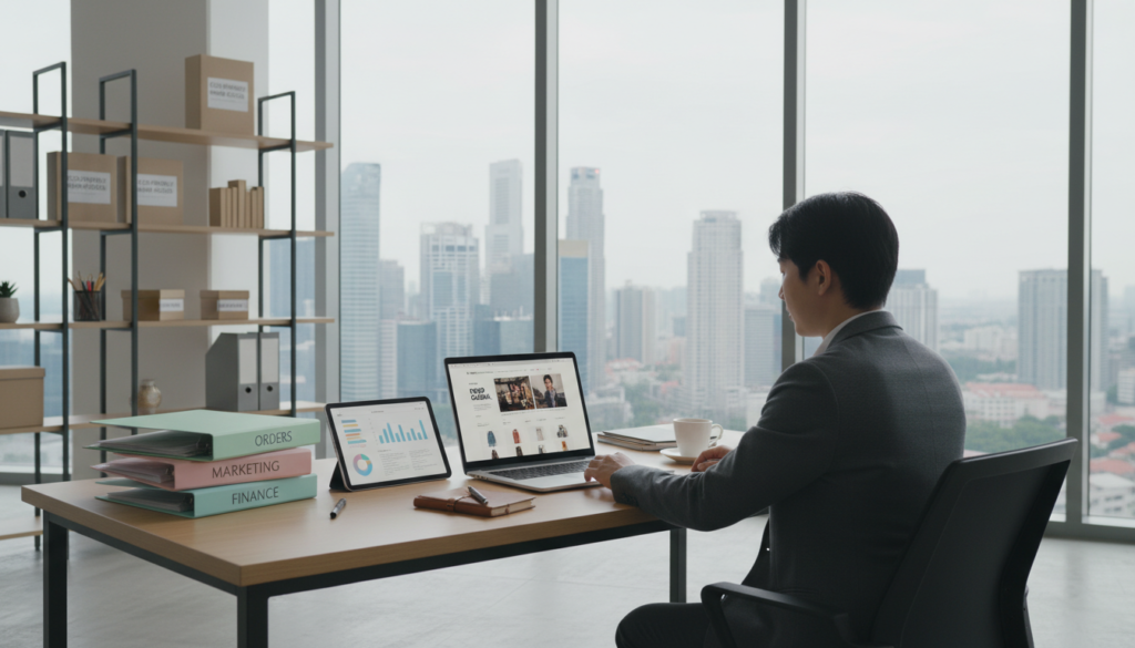 A photorealistic workspace setup for an ecommerce business in Singapore, featuring a modern desk with a laptop displaying an ecommerce website, surrounded by organized folders and a digital tablet. In the foreground, a person in smart business attire is focused on the laptop, with a coffee cup and a notepad nearby. In the middle, a large window lets in bright, natural lighting, illuminating the space and reflecting the city skyline of Singapore. In the background, shelves are neatly arranged with products and office supplies, all contributing to a professional and efficient atmosphere. The overall mood is one of productivity and innovation, emphasizing a streamlined remote business operation. A photorealistic workspace setup for an ecommerce business in Singapore, featuring a modern desk with a laptop displaying an ecommerce website, surrounded by organized folders and a digital tablet. In the foreground, a person in smart business attire is focused on the laptop, with a coffee cup and a notepad nearby. In the middle, a large window lets in bright, natural lighting, illuminating the space and reflecting the city skyline of Singapore. In the background, shelves are neatly arranged with products and office supplies, all contributing to a professional and efficient atmosphere. The overall mood is one of productivity and innovation, emphasizing a streamlined remote business operation.