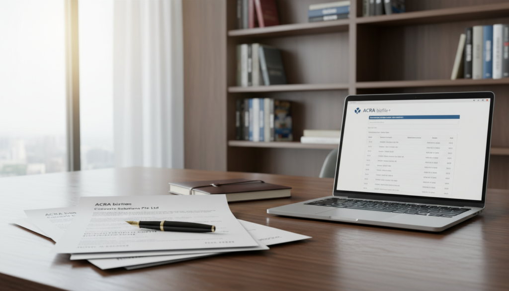 A photorealistic workspace showcasing company registration records on a polished wooden desk. In the foreground, a neatly organized stack of official documents, some partially unrolled, revealing company names and registration numbers, all printed in crisp black text. Beside the documents, a sophisticated black pen and a laptop displaying registration software. In the middle ground, a light-filled office with a blurred background of a modern bookshelf filled with business law volumes. Soft, natural lighting streams in from a large window, creating a professional and focused atmosphere. The overall mood conveys diligence and transparency, reflecting the obligations of company formation and compliance in Singapore's corporate landscape. A photorealistic workspace showcasing company registration records on a polished wooden desk. In the foreground, a neatly organized stack of official documents, some partially unrolled, revealing company names and registration numbers, all printed in crisp black text. Beside the documents, a sophisticated black pen and a laptop displaying registration software. In the middle ground, a light-filled office with a blurred background of a modern bookshelf filled with business law volumes. Soft, natural lighting streams in from a large window, creating a professional and focused atmosphere. The overall mood conveys diligence and transparency, reflecting the obligations of company formation and compliance in Singapore's corporate landscape.