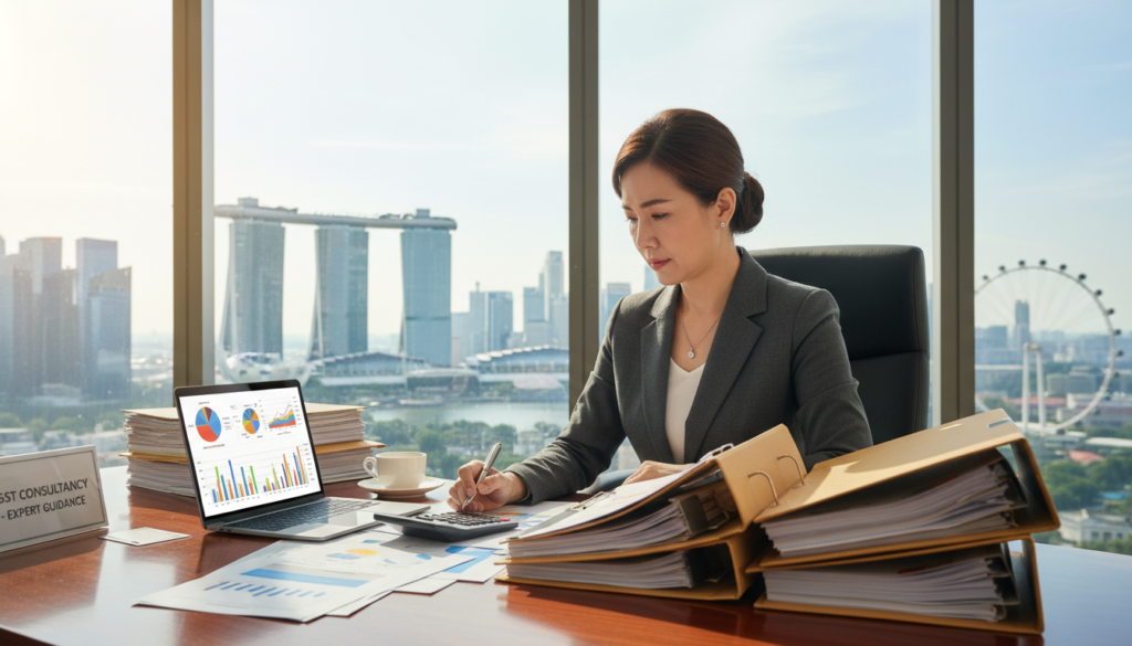 A professional GST consultant in a modern office in Singapore, sitting at a sleek desk cluttered with financial documents, a laptop open displaying graphs and charts, and a calculator. The consultant, a middle-aged Asian woman in professional business attire, appears focused and engaged in her work, exuding competence and authority. In the background, large windows showcase a panoramic view of Singapore's skyline with the Marina Bay Sands and other iconic buildings under a bright, clear sky. Warm, natural light floods the room, creating an inviting and productive atmosphere. The composition captures a sense of trust, professionalism, and the importance of expert guidance in navigating GST services, emphasizing the value of consulting fees. A professional GST consultant in a modern office in Singapore, sitting at a sleek desk cluttered with financial documents, a laptop open displaying graphs and charts, and a calculator. The consultant, a middle-aged Asian woman in professional business attire, appears focused and engaged in her work, exuding competence and authority. In the background, large windows showcase a panoramic view of Singapore's skyline with the Marina Bay Sands and other iconic buildings under a bright, clear sky. Warm, natural light floods the room, creating an inviting and productive atmosphere. The composition captures a sense of trust, professionalism, and the importance of expert guidance in navigating GST services, emphasizing the value of consulting fees.