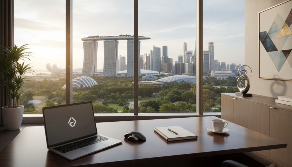 A professional and sleek virtual office setting in Singapore, featuring a modern desk with a laptop and notepad in the foreground. In the middle ground, a large window showcases a panoramic view of Singapore's iconic skyline, including the Marina Bay Sands and lush greenery. The background includes elegant office decor, such as contemporary art pieces and plants, contributing to a sophisticated atmosphere. The lighting is warm and inviting, with natural sunlight filtering through the window, creating soft shadows on the desk. The mood is focused and optimistic, embodying the spirit of business expansion in a vibrant city. No people are present, emphasizing the professional setting. The image should be photorealistic, capturing the essence of a virtual office environment. A professional and sleek virtual office setting in Singapore, featuring a modern desk with a laptop and notepad in the foreground. In the middle ground, a large window showcases a panoramic view of Singapore's iconic skyline, including the Marina Bay Sands and lush greenery. The background includes elegant office decor, such as contemporary art pieces and plants, contributing to a sophisticated atmosphere. The lighting is warm and inviting, with natural sunlight filtering through the window, creating soft shadows on the desk. The mood is focused and optimistic, embodying the spirit of business expansion in a vibrant city. No people are present, emphasizing the professional setting. The image should be photorealistic, capturing the essence of a virtual office environment.