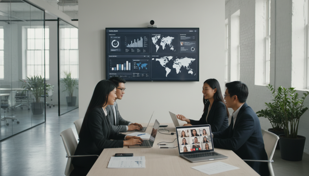 A professional business environment showcasing remote customer support talent sourcing. In the foreground, a diverse group of three professionals, dressed in smart business attire, are engaged in a video conference on laptops, highlighting virtual collaboration. In the middle, a large digital screen displays various graphs, websites, and statistics relevant to hiring remote talent, symbolizing the data-driven approach for sourcing candidates. The background features a modern office space with glass walls, lush indoor plants, and natural light streaming in through large windows, creating an airy atmosphere. The overall mood is focused and dynamic, emphasizing innovation and professionalism in the remote support industry. The image should be photorealistic, with soft, even lighting that enhances the details.