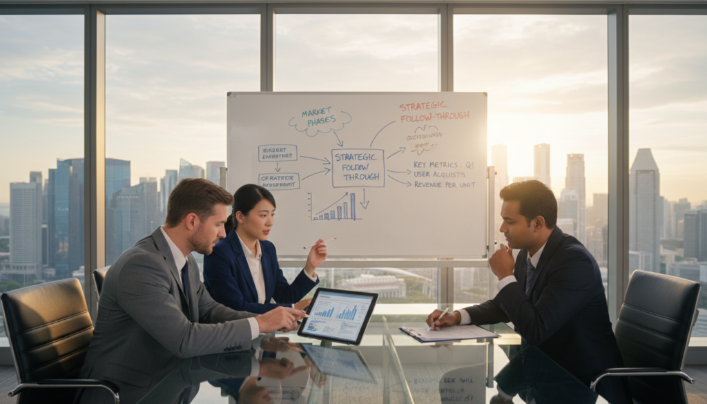 A professional business meeting scene set in a sleek modern conference room with large windows overlooking the Singapore skyline. In the foreground, a diverse group of three professionals dressed in business attire, engaged in a dynamic discussion, reviewing sales charts and contracts on a digital tablet. In the middle, a large whiteboard filled with strategic sales follow-through diagrams and key metrics, symbolizing an effective market entry strategy. The background features bright, natural light streaming in, highlighting the cityscape and creating a vibrant, optimistic atmosphere. The image conveys a sense of collaboration, professionalism, and strategic planning essential for in-market sales without a full local team.