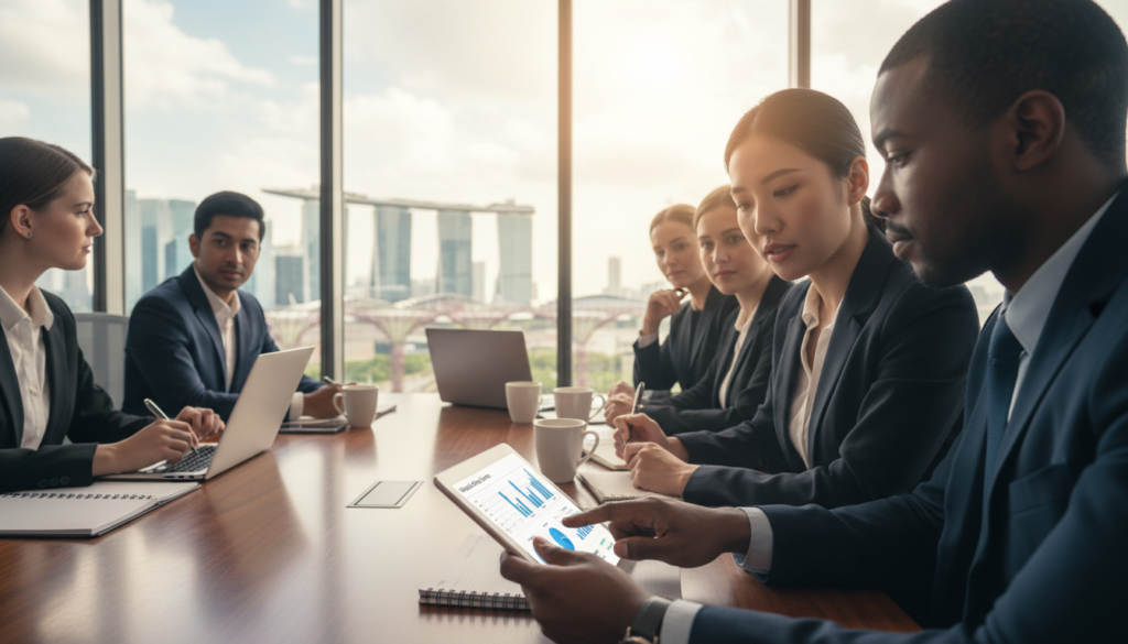 A professional business meeting set in a modern office environment, showcasing a diverse group of individuals in business attire engaged in a provider selection discussion. In the foreground, a pair of confident professionals, one Asian and one Black, are examining a digital tablet displaying comparative charts of virtual office services. The middle ground features a stylish conference table adorned with laptops and coffee cups, while a large window in the background floods the room with natural light, revealing a stunning view of Singapore's skyline. The atmosphere is one of collaboration and focus, with a soft, warm color palette to enhance the professional yet inviting mood. The image is captured with a slight depth of field to draw attention to the interaction, using a lens that emphasizes clarity and detail. A professional business meeting set in a modern office environment, showcasing a diverse group of individuals in business attire engaged in a provider selection discussion. In the foreground, a pair of confident professionals, one Asian and one Black, are examining a digital tablet displaying comparative charts of virtual office services. The middle ground features a stylish conference table adorned with laptops and coffee cups, while a large window in the background floods the room with natural light, revealing a stunning view of Singapore's skyline. The atmosphere is one of collaboration and focus, with a soft, warm color palette to enhance the professional yet inviting mood. The image is captured with a slight depth of field to draw attention to the interaction, using a lens that emphasizes clarity and detail.