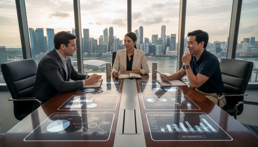 A professional business meeting setting in Singapore, showcasing a diverse group of three individuals discussing engagement models and pricing strategies for outsourcing services. The foreground features a sleek, modern conference table with digital displays showing graphs and charts related to pricing models. The middle section includes the three professionals dressed in smart business attire: a male in a dark suit, a female in a tailored blazer, and a male in a smart casual outfit. The background presents a panoramic view of the Singapore skyline through large windows, with soft natural light illuminating the space. The atmosphere is collaborative and focused, highlighting a sense of innovation and professionalism, with subtle reflections on the glass surfaces. A professional business meeting setting in Singapore, showcasing a diverse group of three individuals discussing engagement models and pricing strategies for outsourcing services. The foreground features a sleek, modern conference table with digital displays showing graphs and charts related to pricing models. The middle section includes the three professionals dressed in smart business attire: a male in a dark suit, a female in a tailored blazer, and a male in a smart casual outfit. The background presents a panoramic view of the Singapore skyline through large windows, with soft natural light illuminating the space. The atmosphere is collaborative and focused, highlighting a sense of innovation and professionalism, with subtle reflections on the glass surfaces.