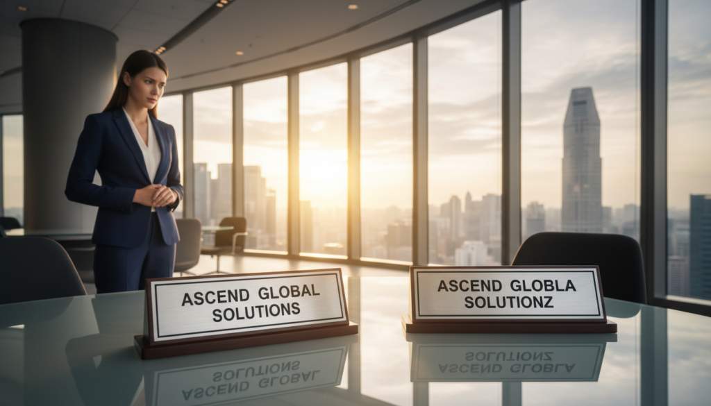 A professional business office setting in Singapore as the background, showcasing a sleek, modern interior with large glass windows revealing the city skyline. In the foreground, two identical, polished name plaques resting on a clean, glass desk, each displaying a company name that closely resembles the other, but with slight variations. Soft, natural lighting streams through the windows, creating a bright and inviting atmosphere. A person dressed in formal business attire, standing to the side, examining the name plaques with a thoughtful expression. The angle is slightly elevated, focusing on the plaques while capturing the essence of professionalism and decision-making in the corporate landscape. The overall mood is serious yet optimistic, highlighting the importance of name approval regulations in a dynamic business environment. A professional business office setting in Singapore as the background, showcasing a sleek, modern interior with large glass windows revealing the city skyline. In the foreground, two identical, polished name plaques resting on a clean, glass desk, each displaying a company name that closely resembles the other, but with slight variations. Soft, natural lighting streams through the windows, creating a bright and inviting atmosphere. A person dressed in formal business attire, standing to the side, examining the name plaques with a thoughtful expression. The angle is slightly elevated, focusing on the plaques while capturing the essence of professionalism and decision-making in the corporate landscape. The overall mood is serious yet optimistic, highlighting the importance of name approval regulations in a dynamic business environment.