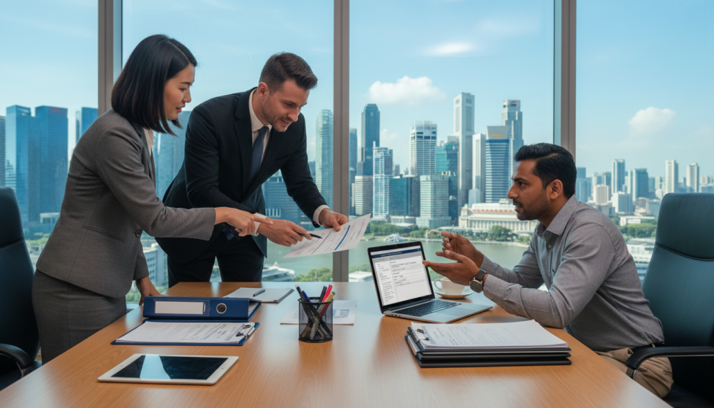 A professional business setting depicting a corporate service provider guiding a diverse group of foreign entrepreneurs through the company incorporation process in Singapore. In the foreground, a well-dressed consultant, with short dark hair, is engaging with two clients—one Asian woman in business attire and one Middle-Eastern man in a smart casual outfit, reviewing documents and a laptop. The middle ground shows a stylish desk with folders, a laptop, and company registration forms. The background features a bright, modern office with large windows displaying the Singapore skyline, filled with iconic skyscrapers. Soft, natural lighting filters through the windows, creating an uplifting and focused atmosphere, emphasizing professionalism and collaboration. Photorealistic details enhance the visual appeal. A professional business setting depicting a corporate service provider guiding a diverse group of foreign entrepreneurs through the company incorporation process in Singapore. In the foreground, a well-dressed consultant, with short dark hair, is engaging with two clients—one Asian woman in business attire and one Middle-Eastern man in a smart casual outfit, reviewing documents and a laptop. The middle ground shows a stylish desk with folders, a laptop, and company registration forms. The background features a bright, modern office with large windows displaying the Singapore skyline, filled with iconic skyscrapers. Soft, natural lighting filters through the windows, creating an uplifting and focused atmosphere, emphasizing professionalism and collaboration. Photorealistic details enhance the visual appeal.