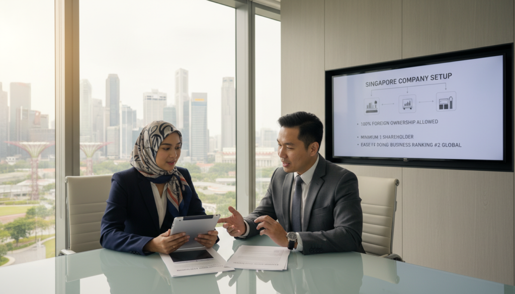 A professional business setting in Singapore, featuring a modern office with glass walls and views of the city's skyline. In the foreground, a diverse group of business people—an Indonesian woman and a Singaporean man—are engaged in a discussion around a sleek conference table, both in professional attire. The woman is reviewing documents about company registration and the man is providing insights. The middle ground features a large screen displaying a simplified infographic about Singapore company registration. Soft, natural light filters in through the windows, creating a welcoming atmosphere. The mood reflects collaboration and professionalism, highlighting the essence of foreign ownership and business opportunities in Singapore.