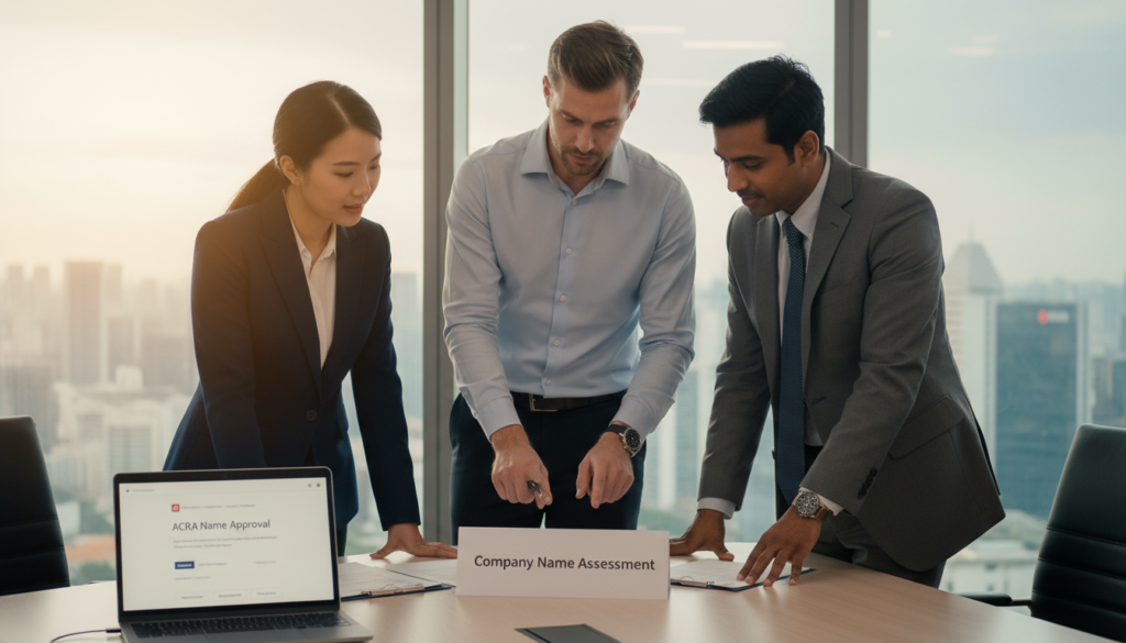 A professional business setting inside a modern office, focused on a diverse group of three business professionals evaluating a document labeled "Company Name Assessment." The foreground features a well-lit conference table with a laptop open displaying a digital interface of the ACRA name approval process. In the middle, the three individuals—one Asian woman, one Caucasian man, and one South Asian man—are engaged in discussion, all dressed in smart business attire. The background shows a large window with a view of Singapore's skyline, with soft sunlight streaming through, creating a warm and inviting atmosphere. The image should have a photorealistic quality, with a shallow depth of field to emphasize the professionals and the document, while softly blurring the background for focus. A professional business setting inside a modern office, focused on a diverse group of three business professionals evaluating a document labeled "Company Name Assessment." The foreground features a well-lit conference table with a laptop open displaying a digital interface of the ACRA name approval process. In the middle, the three individuals—one Asian woman, one Caucasian man, and one South Asian man—are engaged in discussion, all dressed in smart business attire. The background shows a large window with a view of Singapore's skyline, with soft sunlight streaming through, creating a warm and inviting atmosphere. The image should have a photorealistic quality, with a shallow depth of field to emphasize the professionals and the document, while softly blurring the background for focus.