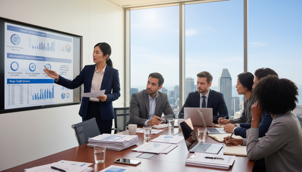 A professional business setting showcasing a diverse group of individuals engaged in a strategy meeting. In the foreground, a confident Asian woman in a blazer points to a large digital screen displaying various Singapore corporate tax relief schemes. Beside her, a Middle-Eastern man, also in business attire, examines documents with a thoughtful expression. In the middle ground, a sleek conference table filled with papers, charts, and laptops reflects a productive brainstorming session. The background features a modern office with glass walls and a view of the Singapore skyline, emphasizing a vibrant city atmosphere. The lighting is bright and well-distributed, simulating natural daylight to create an optimistic, focused mood. Photorealistic detail enhances the professionalism of the scene. A professional business setting showcasing a diverse group of individuals engaged in a strategy meeting. In the foreground, a confident Asian woman in a blazer points to a large digital screen displaying various Singapore corporate tax relief schemes. Beside her, a Middle-Eastern man, also in business attire, examines documents with a thoughtful expression. In the middle ground, a sleek conference table filled with papers, charts, and laptops reflects a productive brainstorming session. The background features a modern office with glass walls and a view of the Singapore skyline, emphasizing a vibrant city atmosphere. The lighting is bright and well-distributed, simulating natural daylight to create an optimistic, focused mood. Photorealistic detail enhances the professionalism of the scene.