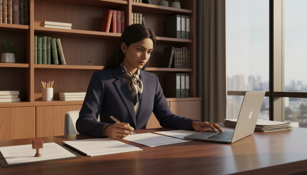 A professional company secretary in an elegant office setting, depicted as a South Asian woman in a stylish business suit, sitting at a sleek wooden desk. She is reviewing legal documents and using a modern laptop, showcasing her focus and diligence in fulfilling post-incorporation compliance duties. The foreground highlights the detailed textures of the desk and papers, while the middle ground incorporates shelves filled with neatly arranged legal books and office supplies. In the background, a large window provides natural sunlight, creating a warm and inviting atmosphere. Soft shadows add depth to the scene, enhancing the overall mood of professionalism and efficiency. The angle is slightly elevated, capturing both the secretary's expressions and the organized workspace, emphasizing her role in ongoing company secretarial duties. Photorealistic lighting accentuates the sophisticated environment.