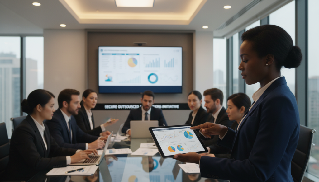 A professional conference room setting, featuring a diverse group of business professionals in formal attire engaged in a collaborative discussion. In the foreground, a diverse woman pointing at a digital tablet displaying graphs and data related to delivery governance and risk management. The middle layer includes a sleek glass table surrounded by professionals reviewing documents and laptops, conveying a sense of teamwork. The background showcases a large screen displaying key performance indicators and risk assessment visuals, with large windows letting in natural light, creating an open atmosphere. The overall mood is focused and dynamic, reflecting a serious yet collaborative approach to secure outsourced operations, with soft, warm lighting enhancing the professional ambiance. A professional conference room setting, featuring a diverse group of business professionals in formal attire engaged in a collaborative discussion. In the foreground, a diverse woman pointing at a digital tablet displaying graphs and data related to delivery governance and risk management. The middle layer includes a sleek glass table surrounded by professionals reviewing documents and laptops, conveying a sense of teamwork. The background showcases a large screen displaying key performance indicators and risk assessment visuals, with large windows letting in natural light, creating an open atmosphere. The overall mood is focused and dynamic, reflecting a serious yet collaborative approach to secure outsourced operations, with soft, warm lighting enhancing the professional ambiance.