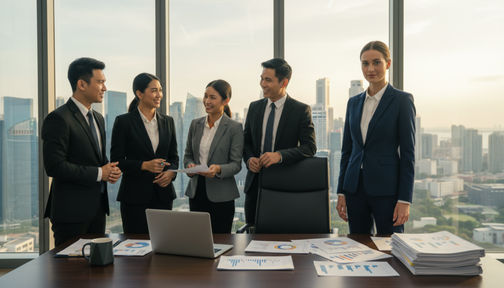 A professional female director standing confidently in an elegant office environment, dressed in a tailored navy blue suit and white blouse, exuding authority and poise. In the foreground, a wooden desk cluttered with financial documents, a laptop displaying charts, and a stylish coffee mug. In the middle, the director is engaging in thoughtful discussion with a diverse group of business advisors, all dressed in formal business attire, reflecting a collaborative atmosphere. The background showcases a large window with a view of Singapore's skyline, bathed in soft natural light, creating an optimistic and productive mood. The image has a photorealistic quality, with a focus on clarity and detail, captured from a slightly elevated angle to emphasize the subject's prominence.